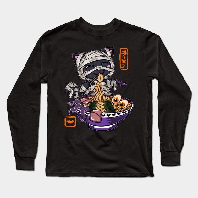 Halloween Kawaii chibi Mummy Ramen Black cat spooky Monster anime art Long Sleeve T-Shirt by JustJoshDesigns